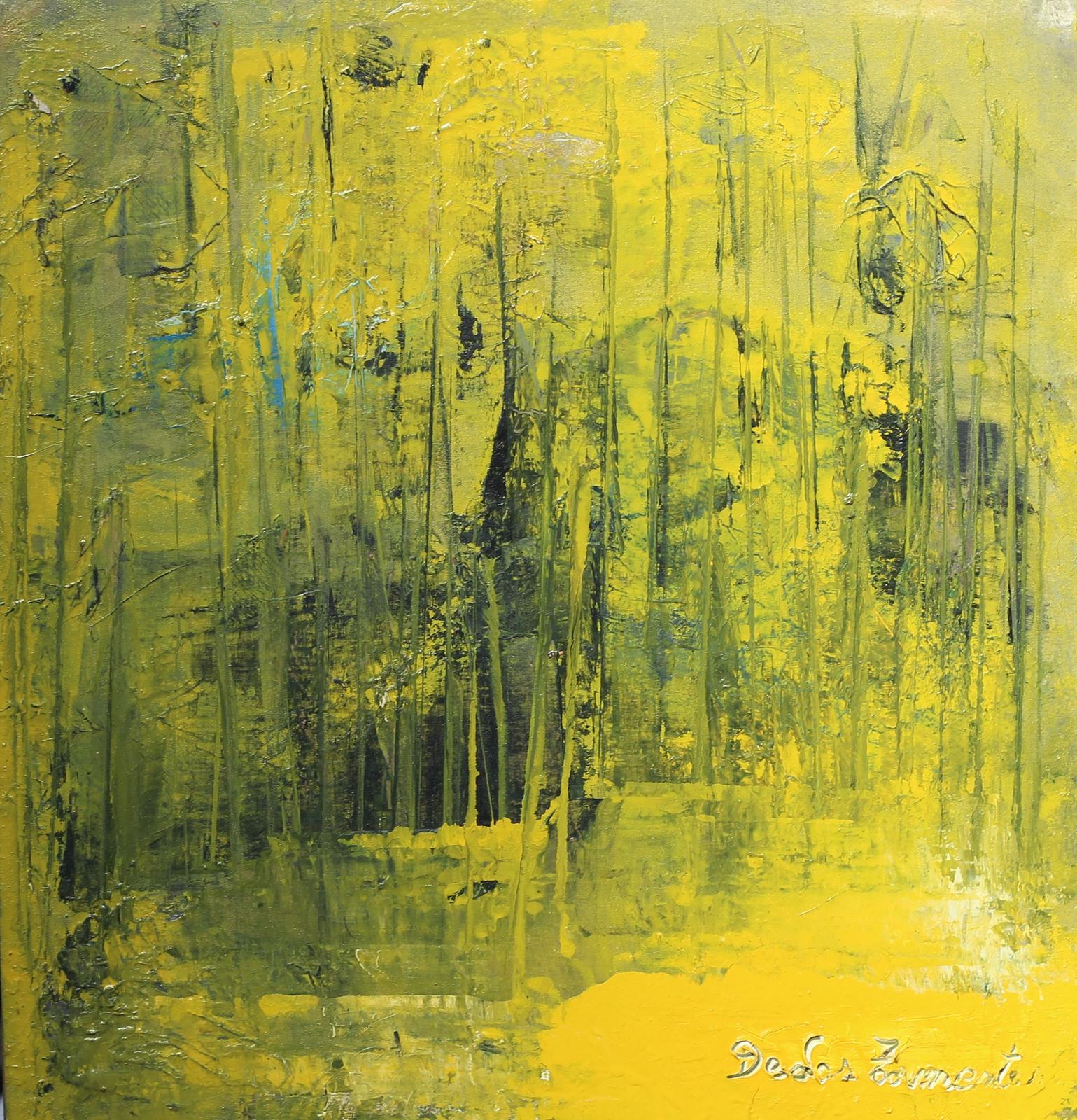 Obra de Tamara de las Tormentas: abstracción amarilla y verde que sugiere un bosque