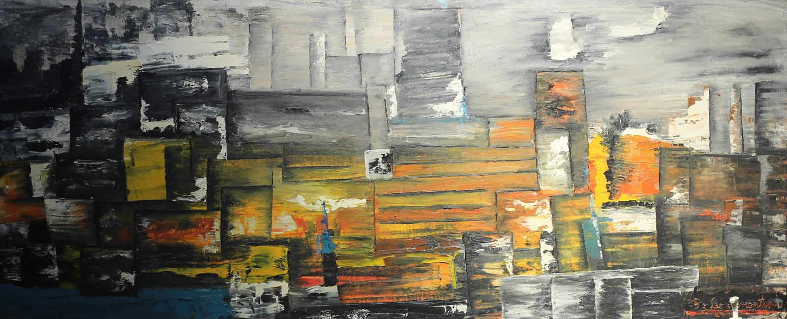 Obra de Tamara de las Tormentas: abstracción urbana de bloques grises, ocres y naranjos