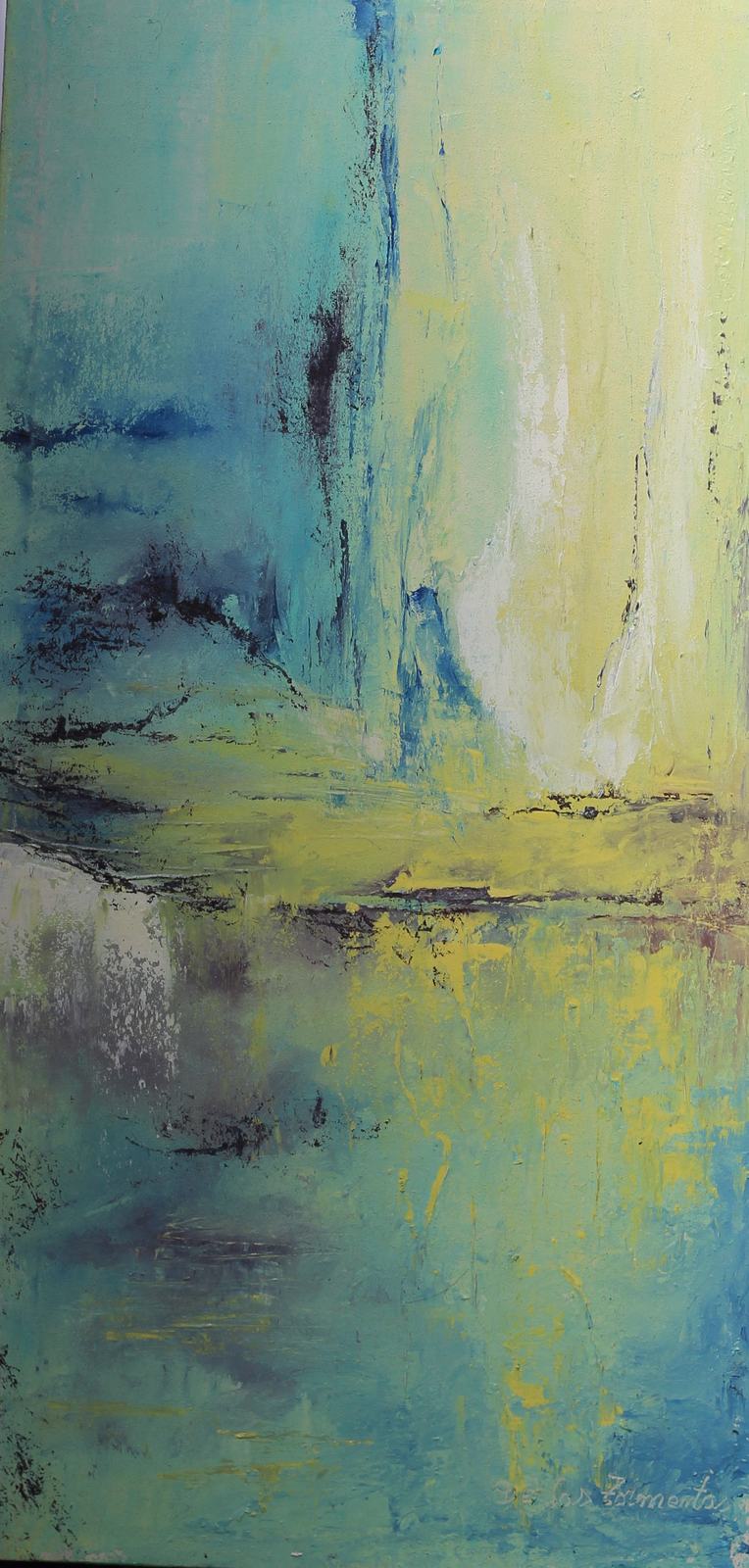 Obra de Tamara de las Tormentas: abstracción vertical en turquesa y amarillo con reflejos